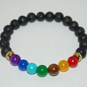 Pulsera de lava, pulsera de 7 chakras, cuentas de lava volcánica de 8 mm, pulsera mala, pulsera de yoga, regalo espiritual unisex, pulsera de chakras, hombre, mujer, suerte