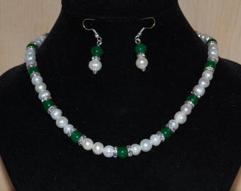Pearls 3Pcs Set,Pearl Necklace and Earrings Set,Freshwater Pearls and Jade,Elegant Pearl & Jade Beaded Necklace,Gift for Mom,Birthday Gift