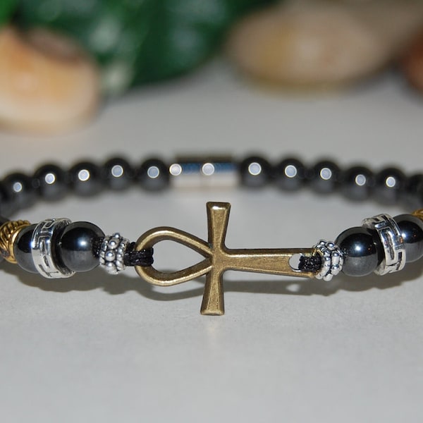 Ankh Cross Bracelet,Magnetic Bracelet,6mm Beads,Key of Nile Bracelet,Key of Life Bracelet,Healthy Bracelet,Men,Women,Healing Bracelet,Gift