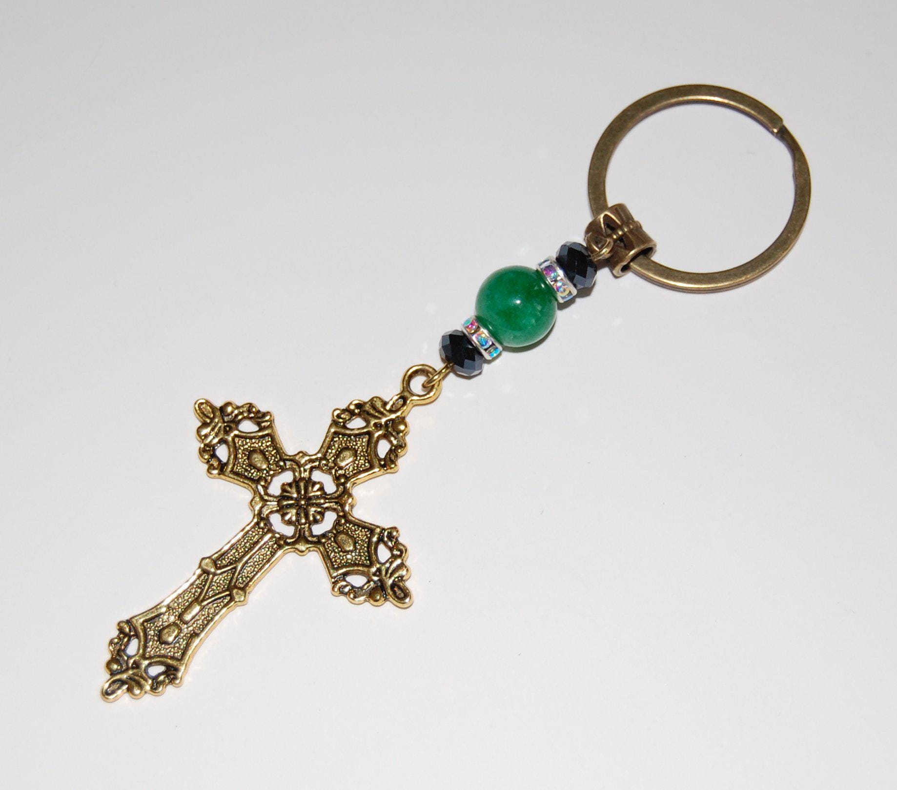 Cross Keychain,golden Cross Keyring,jade Bead,prayer Keychain,christian ...