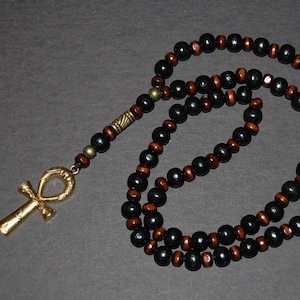 Ankh Cross Necklace,Wood Beads,Bronze Ankh Cross,Key of the Nile,Key of Life,Crux Ansata,Man,Mens,Egyptian Cross,Egyptian God Goddess