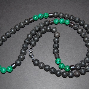 Lava Necklace,Lava Stone Necklace,Lava and Malachite 8mm Beads,Lava Mens Necklace,Volcano lava Necklace,Black and Green Necklace,Gift