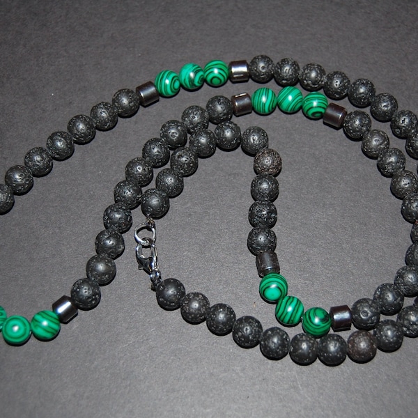 Lava Necklace,Lava Stone Necklace,Lava and Malachite 8mm Beads,Lava Mens Necklace,Volcano lava Necklace,Black and Green Necklace,Gift