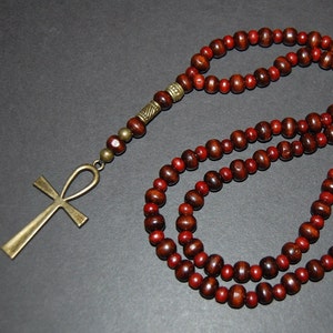 Ankh Cross Necklace,Wood Beads,Bronze Ankh Cross,Key of the Nile,Key of Life,Crux Ansata,Man,Mens,Egyptian Cross,Egyptian God Goddess