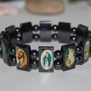 Pulsera de santos, pulsera cristiana católica, pulsera de cuentas de hematita, Jesús, María, ángeles, santos, hombre, mujer, elástica