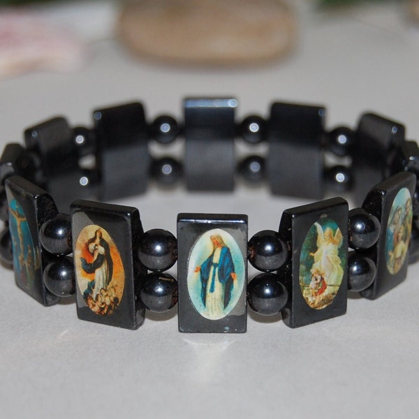 Saints Bracelet,Catholic Christian Bracelet,Hematite Beads Bracelet,Jesus,Mary,Angels,Saints,Man ,Woman,Stretch