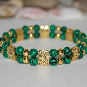 Malachite Bracelet,Golden Charms,Malachite Double Strand Bracelet,Green Bracelet,6mm Beads,Malachite Man Made Beads,Beaded Jewelry,Yoga,Mala
