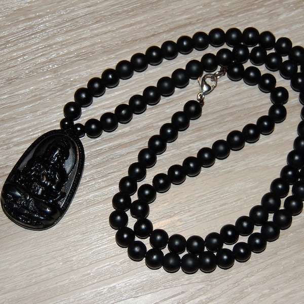 Buddha Necklace,Onyx Necklace,Black Stone Buddha,Onyx 8mm Beads,Men,Women,Spiritual,Ethnic Necklace,Good Luck Necklace,Black Onyx Stone