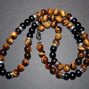 Tiger Eye Necklace,Tiger Eye and Black Onyx Necklace,8mm Stone Beads,Classic Necklace,Protection,Tribal Necklace,Good Luck,Confidence,Gift