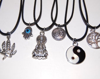 Spiritual Silver Adjustable Length Pendant Necklace Hamsa Yin Yang Indian Spiritual Silver Adjustable Length Pendant Necklace Hamsa Yin Yang Indian