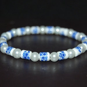 Pulsera de cerámica, pulsera de flores, pulsera azul y blanca, cuentas de cerámica de porcelana de 8 mm, pulsera con cuentas de cerámica de flores, mujer, niña, regalo para ella