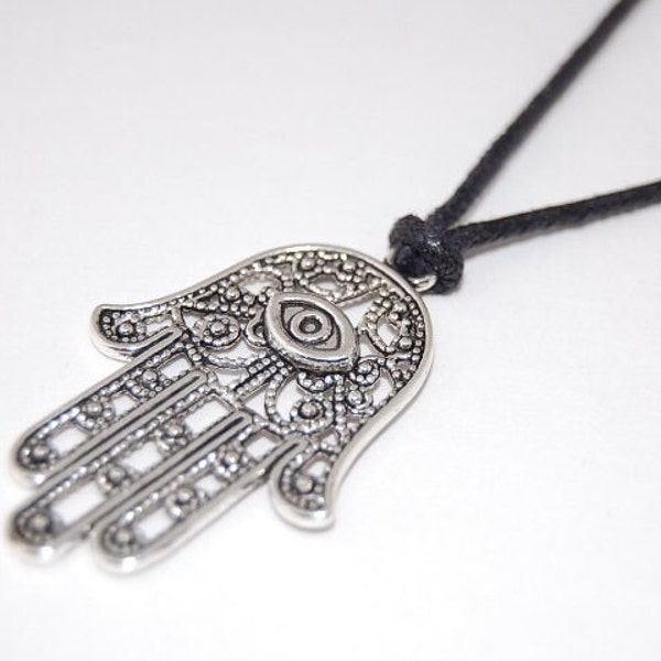 Hamsa Hand Necklace,Silver Hamsa Hand,Leather Cord Necklace,Choker Necklace,Man,Spiritual,Men Necklace,Ethnic necklace,Custom Made Any Size