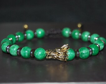 Dragon Bracelet,8mm Green Jade Gemstone Beads,Shamballa Bracelet,Mens Dragon Bracelet,Dragon Head,Gift for Him,Bracelet for Men,Man Bracelet