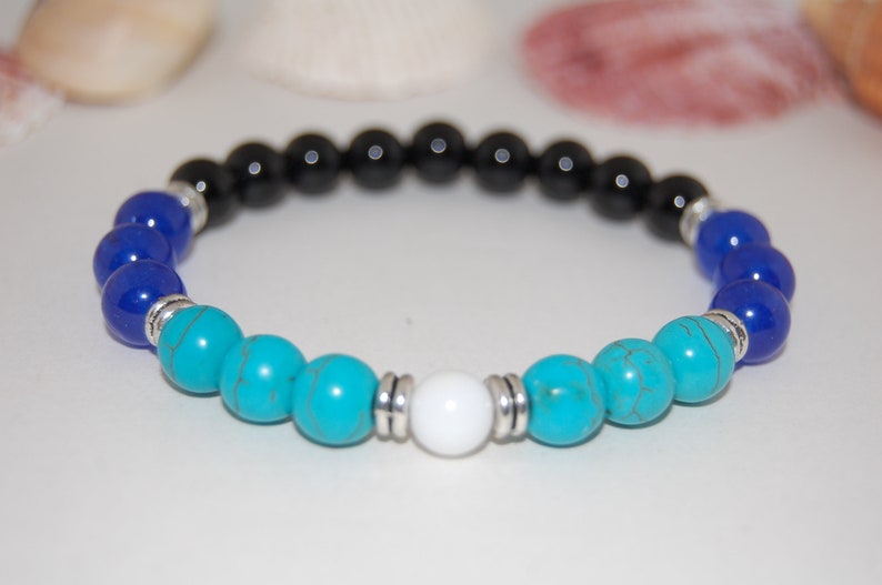 Harmony Bracelet,Turquoise,Blue and Black Stones 8mm Beads,Elastic Bracelet,Gemstone Bracelet,Lucky Bracelet,Man,Woman,Beaded Jewelry,Gift