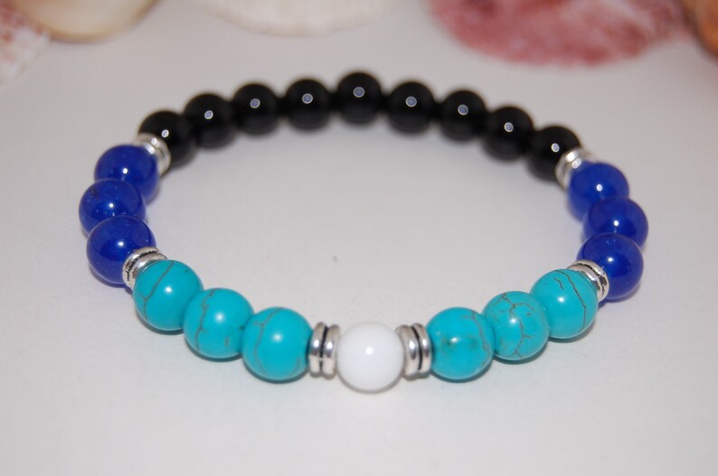 Harmony Bracelet,Turquoise,Blue and Black Stones 8mm Beads,Elastic Bracelet,Gemstone Bracelet,Lucky Bracelet,Man,Woman,Beaded Jewelry,Gift