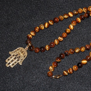 Hamsa Hand Necklace,Tiger Eye Necklace,Tiger Eye 8mm Gemstone Beads,Judaica Symbols,Kabbalah Necklace,Men,Women,Good Luck,Pray,Gift