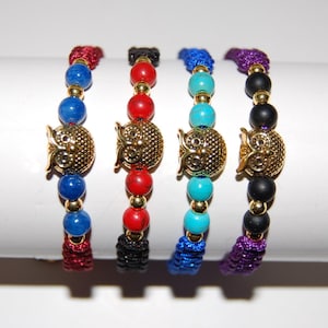 Pulsera de búho, pulsera de búho dorado, cuentas de piedra, pulsera de la amistad, regalo para amantes de los búhos, pulsera con dije de búho, pulsera de pájaro, pulsera trenzada de búho, regalo