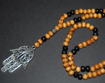 Hamsa Hand Necklace,Hamsa Rosary Necklace,Wood Beads,Judaica Symbols,Man,Woman,Good Luck,Pray,Spirituality,Prayer,Yoga,Protection,Meditation