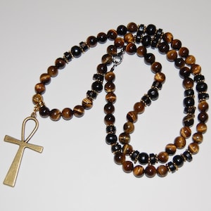 Ankh Cross Necklace,Tiger Eye Necklace,Tiger Eye 8mm Gemstone Beads,Key of the Nile,Key of Life,Man,Men,Women,Egyptian Cross,Tiger Eye,Gift
