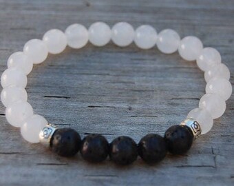 White Jade Bracelet,Jade Beads,Black Lava Beads,Jade Bracelet,Black and White Bracelet,Stretch Bracelet,Men,Women,Yoga,Protection,Meditation
