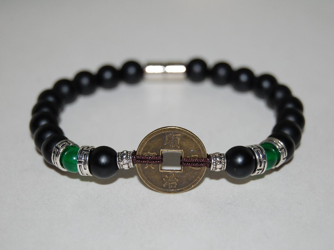 Onyx Braceletchinese Lucky Coin Braceletblack Onyx 8mm Etsy