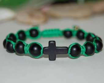 Onyx Bracelet,Cross Bracelet,Black Onyx Gemstone 8mm Beads,Onyx Cross Bracelet,Men,Women,Beaded Bracelet,Black Cross Bracelet,Gift