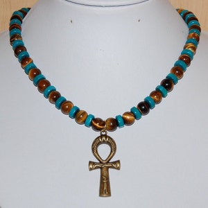 Collar con cruz de Ankh, collar con ojo de tigre, ojo de tigre de 8 mm y cuentas de madera, llave del Nilo, llave de la vida, hombre, hombres, mujeres, cruz egipcia, ojo de tigre, regalo