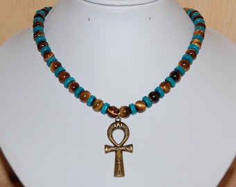 Ankh-korshalsband, tigerögahalsband, tigeröga 8 mm och träpärlor, Nilens nyckel, livets nyckel, man, män, kvinnor, egyptiskt kors, tigeröga, present