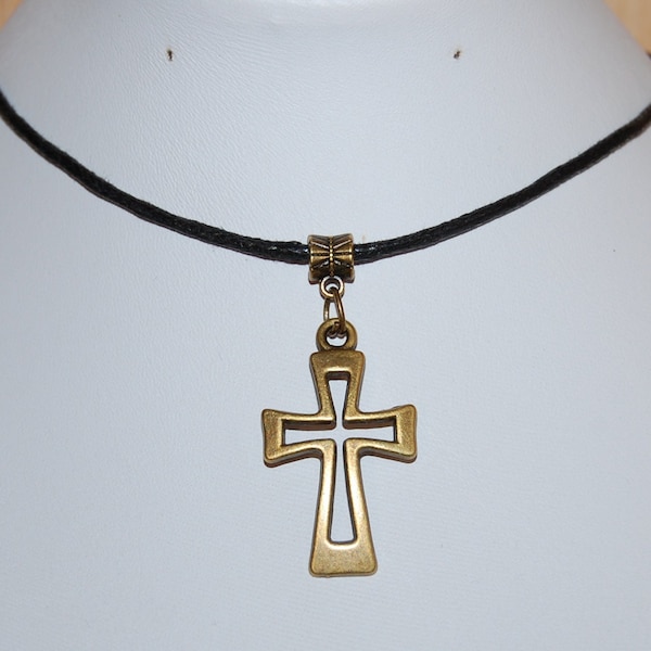 Cross Necklace,Bronze Cross Chocker Necklace,Choker Necklace,Man,Woman,Cord Necklace,Cross Choker,Lobster Lock End Cord,Cross Gift