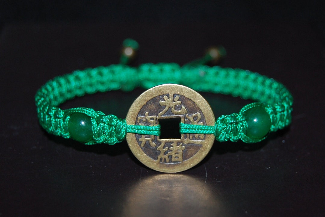 Chinese Lucky Coin Braceletjade Beadsgood Luck String Etsy