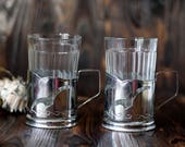 Set of  2 Vintage Soviet Tea Glasses & Holders Seagulls 70s silver tone stainless steel russian tea cup Traditional  holder soviet decor