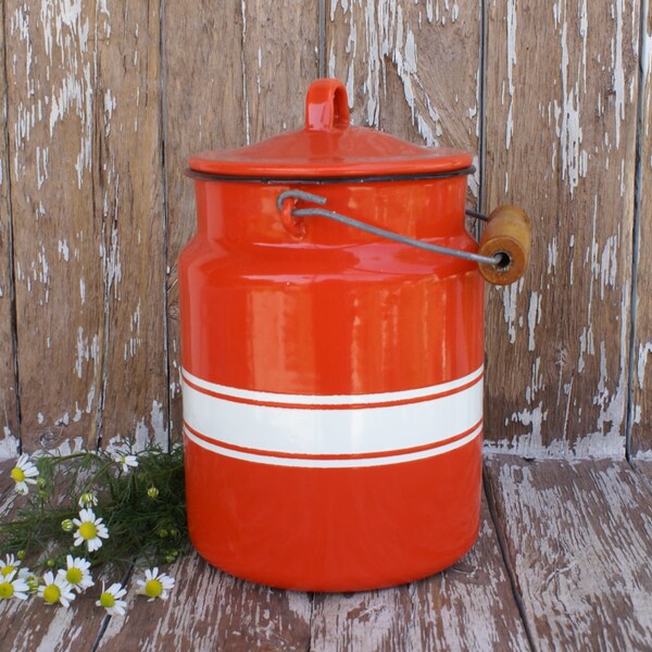 Vintage Soviet Red & White Stripe  Enamel Milk Can, Made in USSR, Primitive Rustic Farmhouse Kitchen decor, 70s,Ukraine,Soviet Union