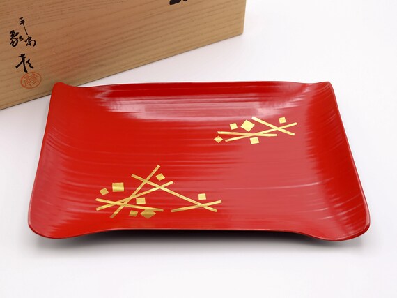 竹装飾 赤漆器 膳 ヴィンテージ象彦漆塗り竹皿：赤黒漆、金雲 - Etsy 日本