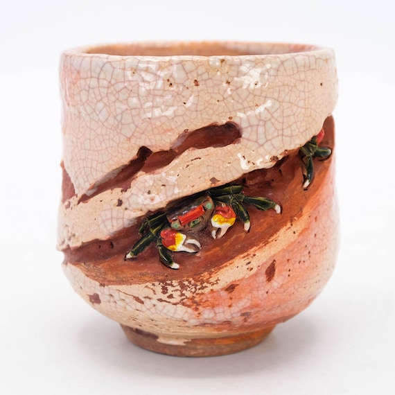 Rakuzan Ware Tea Cup: Japanese Pottery With Red Crab Relief - Etsy