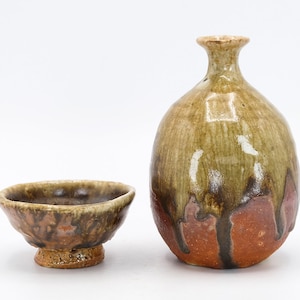 Japanese Sake set Wood-fired Pottery by Kawahara Kenyu Mashiko ware Shuki Tokkuri bottle Guinomi cup, Nippon2You