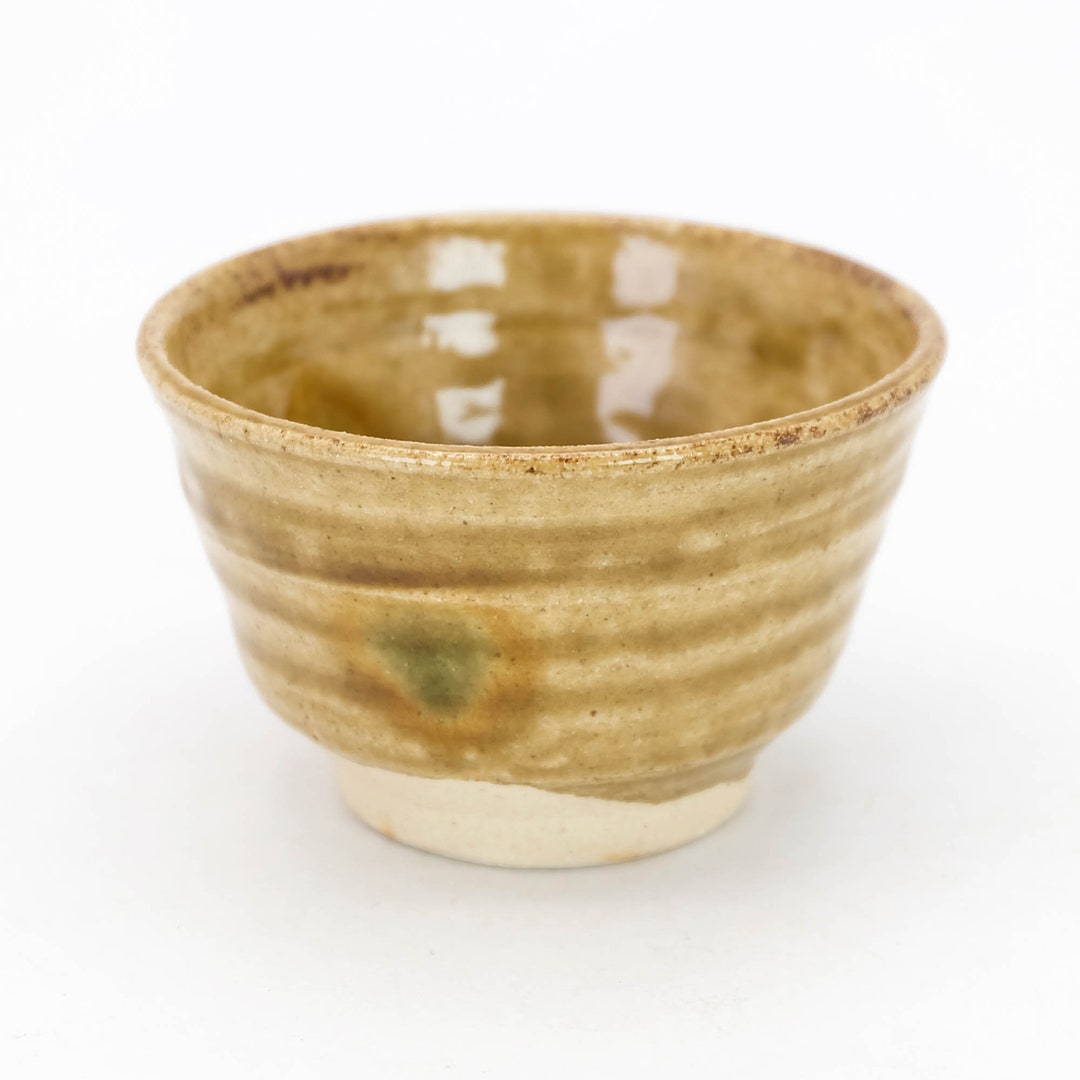 Ki-seto Guinomi Sake Cup Yellow Glaze Butterfly Design by Kato Sho