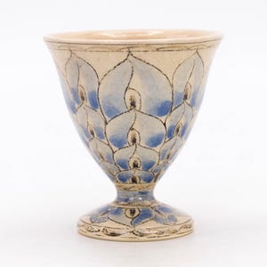 Japanese Tsuboya Ware Guinomi Sake Cup Hand Painted Blue Floral Okinawa Ryukyuan Pottery