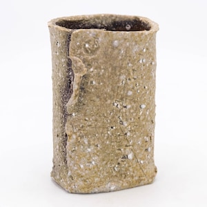Puede incluir: Un jarrón rectangular de cerámica hecho a mano con una superficie rugosa y texturizada. El jarrón es de color beige apagado con motas blancas y un interior oscuro. Un pequeño elemento decorativo está en el lateral.