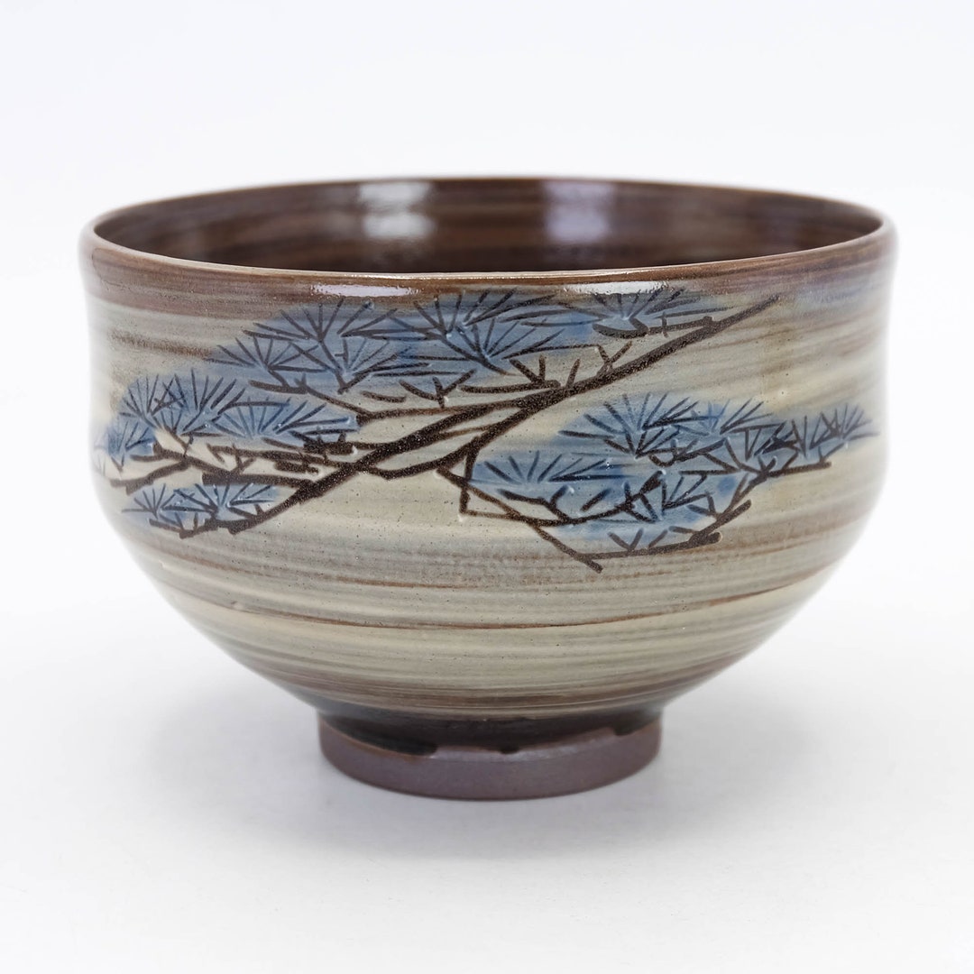 Japanese Chawan Tea Bowl Pine Tree Design Hakeme Brush Marks by ...