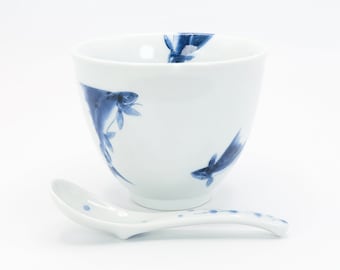 Japanese Porcelain bowl with Spoon Sometsuke Blue and White Fish design by Shinji Terauchi Arita ware Meshiwan, Nippon2You