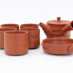 Japanese Tea set 140ml Shudei Red clay by Yoshiaki Shibata Tokoname ware Kyusu Teapot Yunomi Tea cups Kyusu-dai Teapot stand