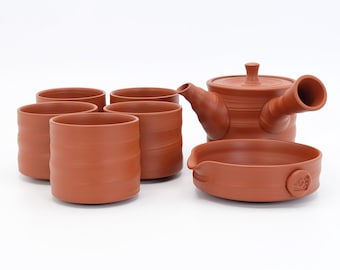 Service à thé japonais 140 ml Shudei argile rouge par Yoshiaki Shibata Tokoname ware Théière Kyusu Yunomi Tasses à thé Kyusu-dai Support à théière