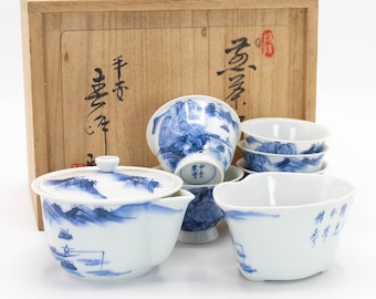 Japanese Tea set Sometsuke Blue and White Landscape Sansui by Heian Shunpo Kyo ware Sencha utensils Hohin Teapot Yuzamashi Tea cup Yunomi