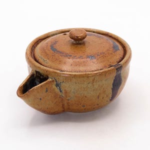 Può includere: Una teiera in ceramica marrone con coperchio e beccuccio. La teiera ha un aspetto rustico e fatto a mano con accenti marrone scuro e neri. Il coperchio ha un piccolo pomello per una facile rimozione.