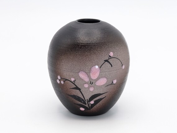Vintage Kyo Ware Pottery Vase: Black Glaze, Pink Narcissus Design