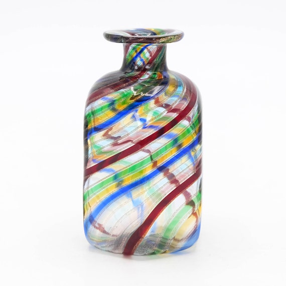 Murano Glass Vase Blue Gold Red Yellow Green Swirl Design