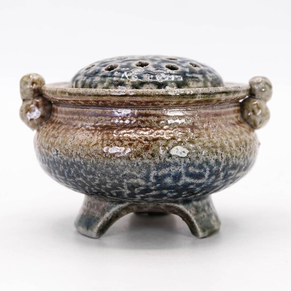 Vintage Japanese Mashiko Ware Incense Burner Koro Salt Glaze Pottery