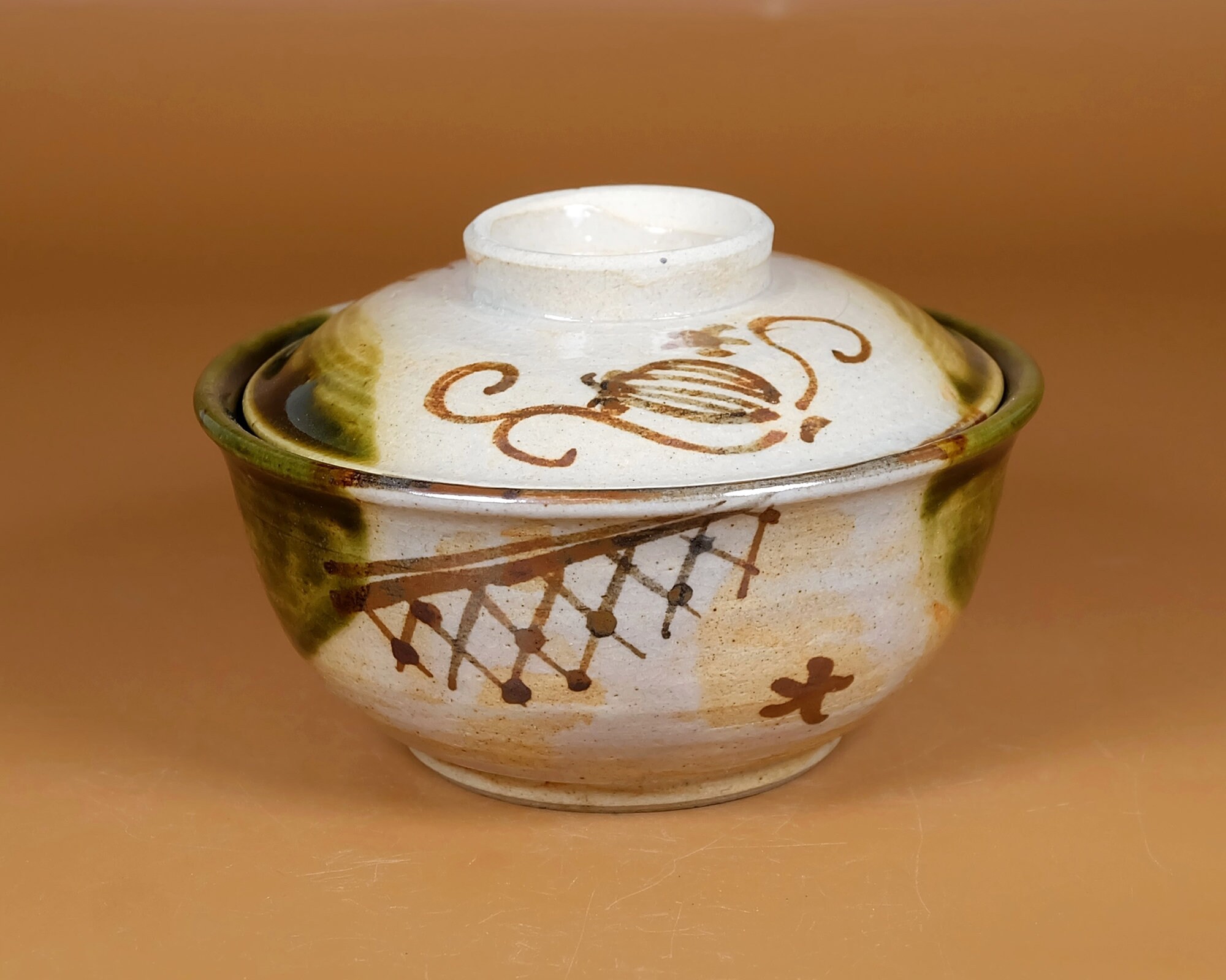 Japanese Pottery Covered Bowl Oribe Ware Aooribe Green Glaze Etsy