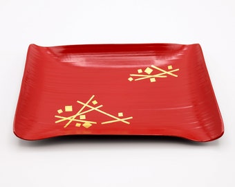 ヴィンテージ象彦漆塗り竹皿：赤黒漆、金雲 - Etsy 日本