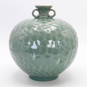 Korean Celadon Vase by Kim Bok-han Flying Crane Inlaid